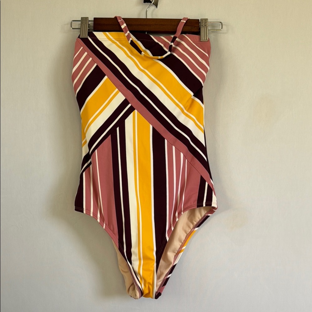 Kona Sol One Piece Swimsuit Bandeau Lace Up Back Stripes Burgundy Yellow Medium